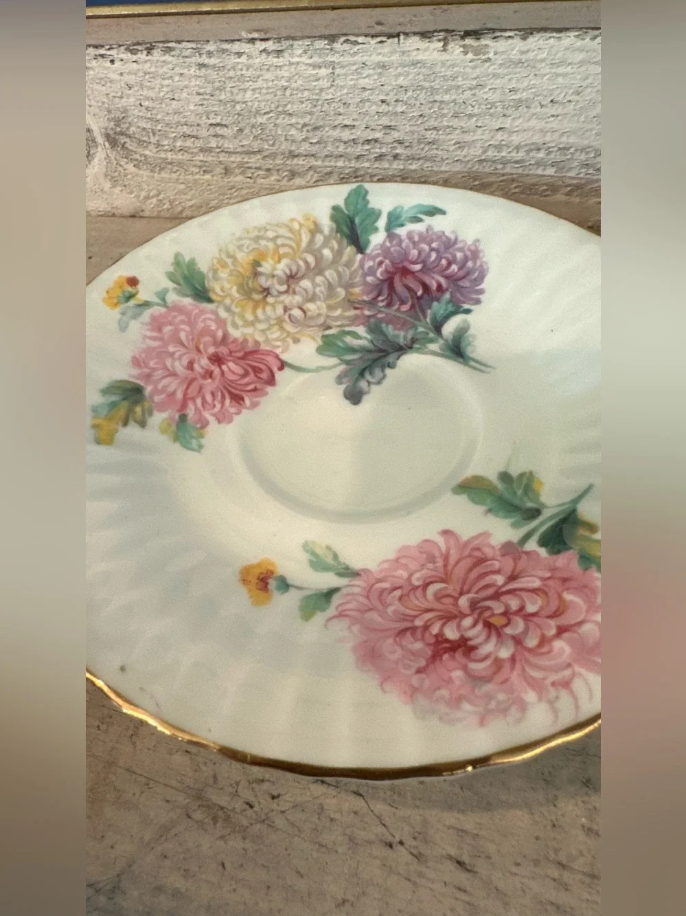 Paragon England Chrysanthemum Tea Cup Light green background gold highlights